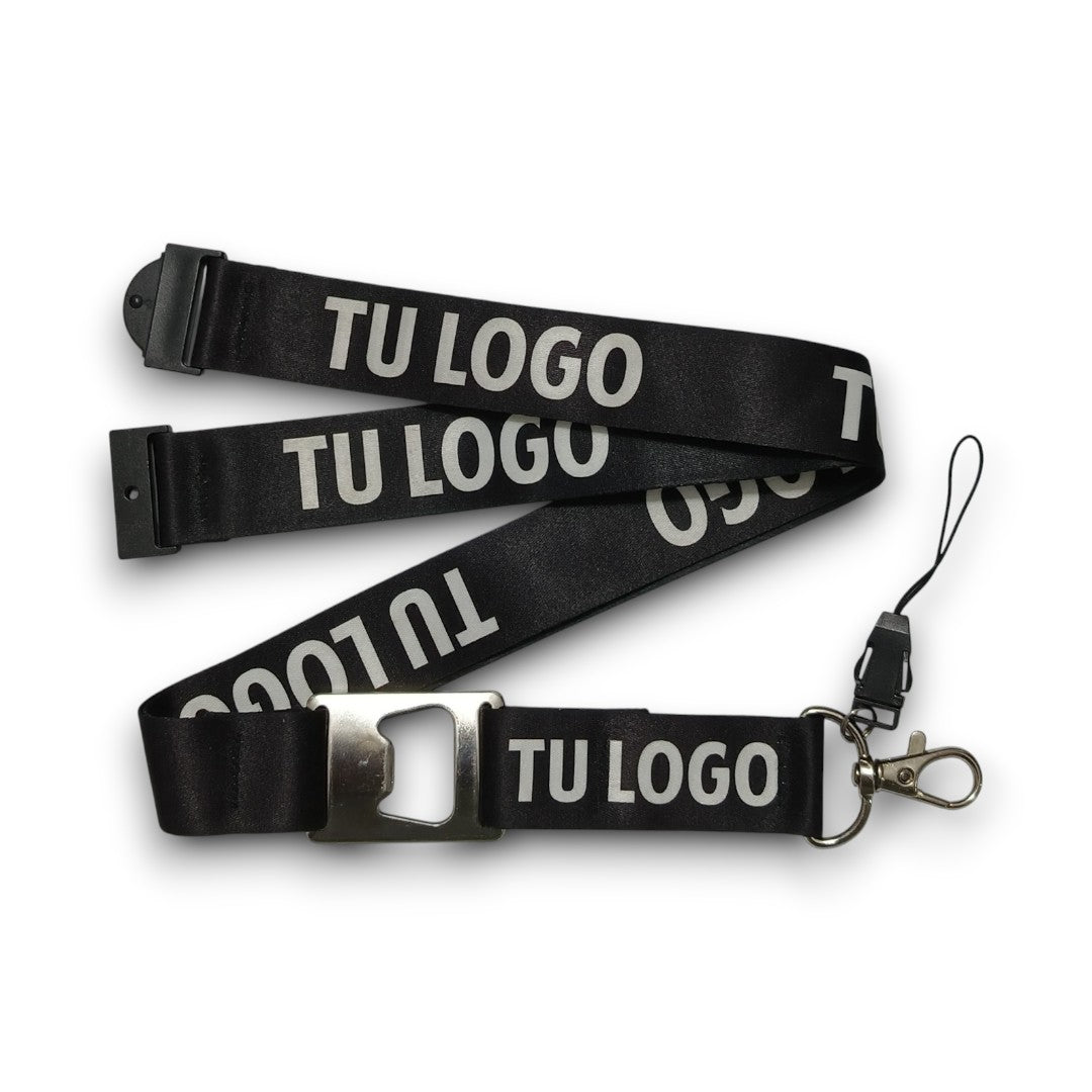 "Lanyard con destapador personalizado, ancho 2.5cm, mosquetón metálico"